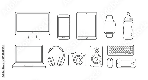 Minimalist line art icons of electronic devices and appliances, monitor, phone, tablet, watch, baby bottle, device, gadget, screen