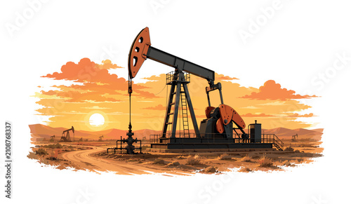 Oil pump jacks operating in a desert landscape at sunset with dramatic clouds