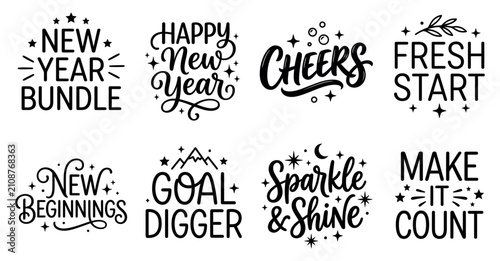 Bild auf Leinwand Set of eight hand drawn black typography quotes for new year celebration and positive life goals design Minimal Typography text bundle collection