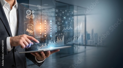Digital business data analytics on tablet, businessman managing financial growth charts, futuristic corporate technology interface for investment strategy