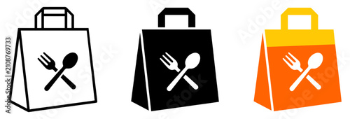 Set of three food delivery paper bag icons with fork and spoon symbols