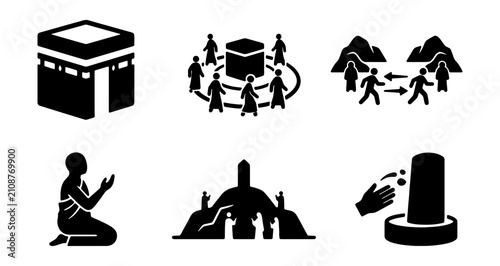 Konstfotografi Hajj pilgrimage icons set, Islamic religious rituals vector elements, Kaaba and