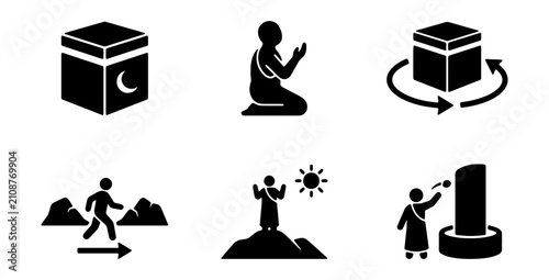 Fotografía Hajj pilgrimage solid icon set, Islamic religious rituals vector elements, Kaaba