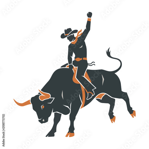 Silhouette of a rodeo cowboy riding a bucking bull featuring clean geometric shapes and bold solid colors for a dynamic western sports concept