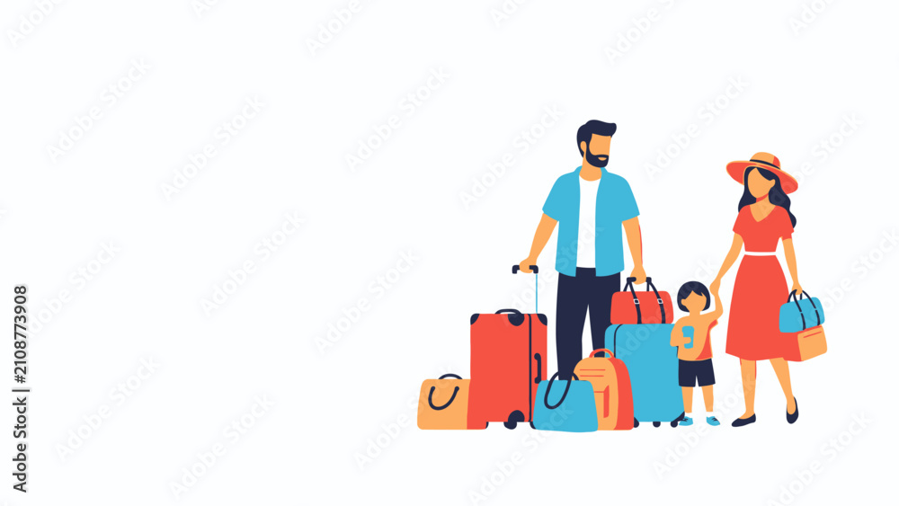 Fototapeta premium Happy family, mother, father, and child, with a pile of colorful luggage, excited for their upcoming summer vacation trip or journey.