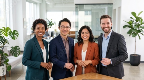 A diverse group of four professionals stand confidently in a modern office setting, smiling at the camera
