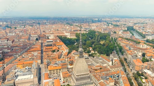 Turin, Italy. Mole Antonelliana - Majestic building from the 19th century. Panorama of the city. Summer day. Drone footage, Point of interest