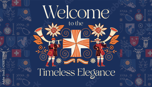 Tableau sur toile Timeless Elegance Greeting: A vintage-inspired design featuring Swiss motifs, trumpeters, and ornate patterns, proclaiming Welcome to the Timeless Elegance in elegant typography