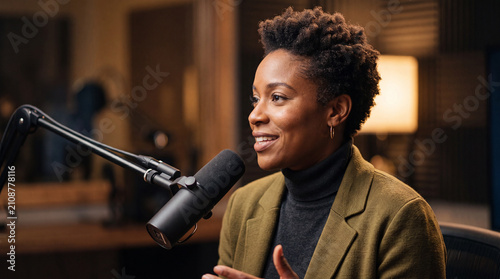 Female Media Professional Recording Podcast Episode with Headphones and Microphone in Contemporary Studio Environment