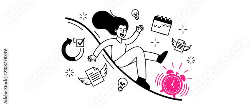 Time management woman vector illustration sliding down deadline slope with alarm clock, calendar, and task icons representing efficient business workflow, productivity, and agile project scheduling