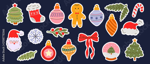 A collection of Christmas stickers featuring Santa Claus, a fir tree, a gingerbread man, a snowflake, a Christmas tree bauble, and a candy cane on a dark background. A festive icon set for winter .