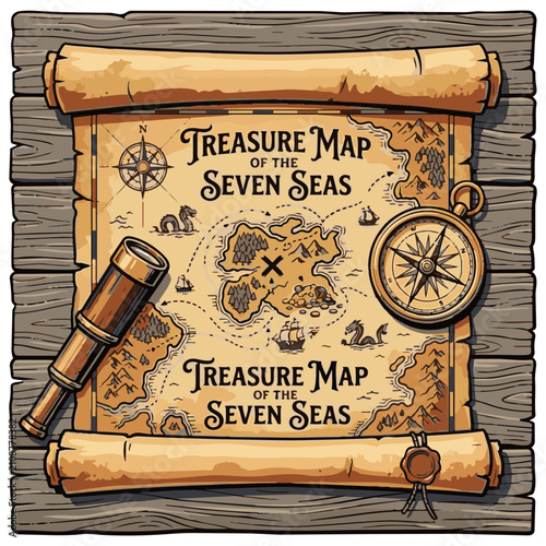 Ancient treasure map of the seven seas rolled on old wooden planks with brass compass and telescope