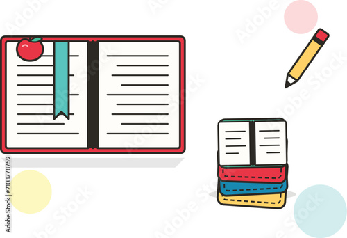Education Essentials: An open book with a bookmark and an apple, alongside a pencil and a stack of books, symbolizes learning and knowledge acquisition.