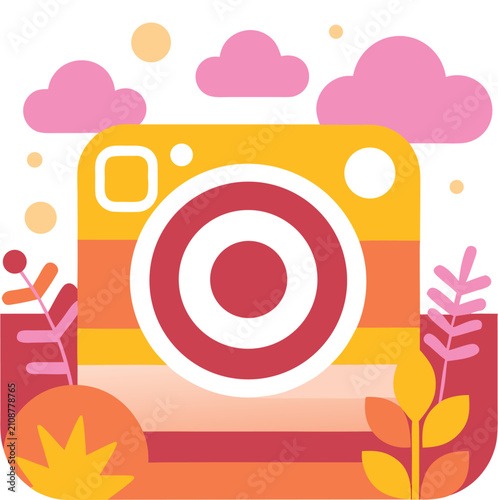 Abstract Camera Icon with Floral Elements: A stylized, retro-inspired camera icon with vibrant sunset colors, set against a backdrop of whimsical clouds and playful foliage.