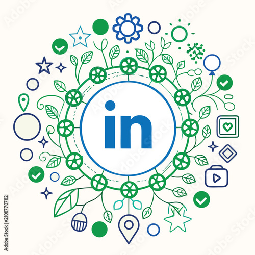 LinkedIn Circle of Connections: A circular graphic design featuring the LinkedIn logo at its center, surrounded by an intricate pattern of green and blue icons, foliage, and whimsical elements.