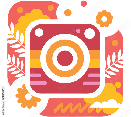 Retro Camera Icon: A stylized, vintage camera icon surrounded by floral and abstract shapes, rendered in a vibrant, warm color palette.