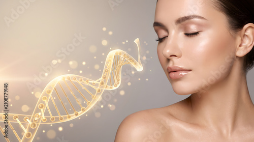 Woman closed eye face beauty portrait golden dna helix strand skin care science background image