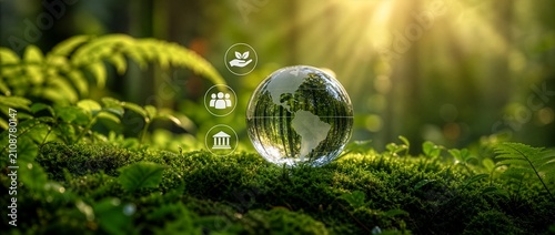 Crystal globe on green moss with ESG sustainability icons, symbolizing environmental responsibility, social impact, corporate governance, and global sustainable development.