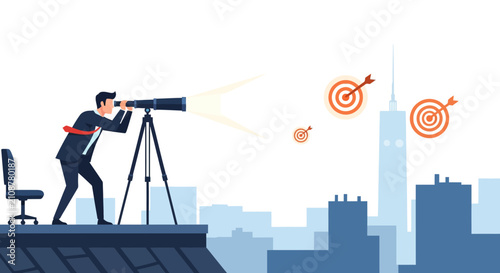 Businessman on rooftop with telescope, observing city targets. Symbolizes business vision, strategic planning, future goals, market opportunities, and success.