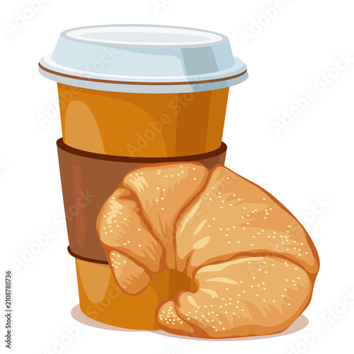 Glass with coffee and croissant without background
