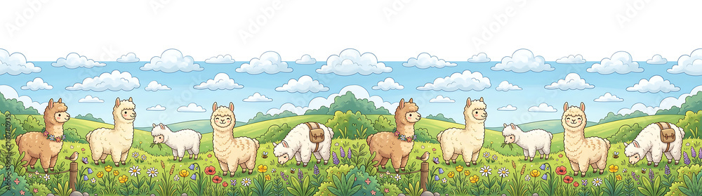 Fototapeta premium Charming Cartoon Alpacas Frolicking in a Vibrant Meadow with Flowers and Fluffy Clouds