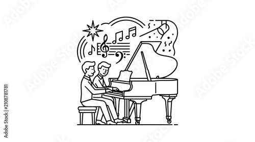 Man playing grand piano with woman.