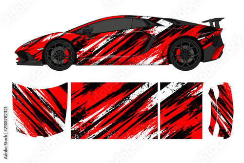 Supercar with red and black brush stroke racing graphics.
