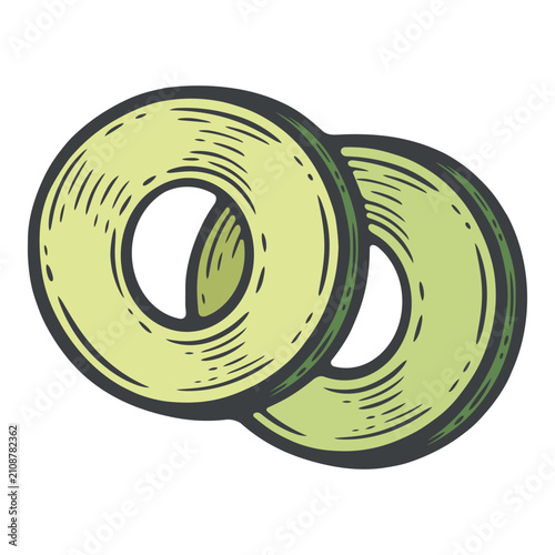 Two round avocado rings with hollow center, dark green skin edge and pale creamy flesh, food prep cut, isolated colourful hand-drawn vector illustration, line art contour for healthy cafe menu
