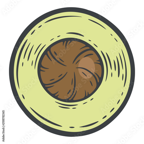 Avocado horizontal cross section, top view with round brown pit, isolated colourful hand-drawn vector illustration, food prep line art contour for food packaging or menu