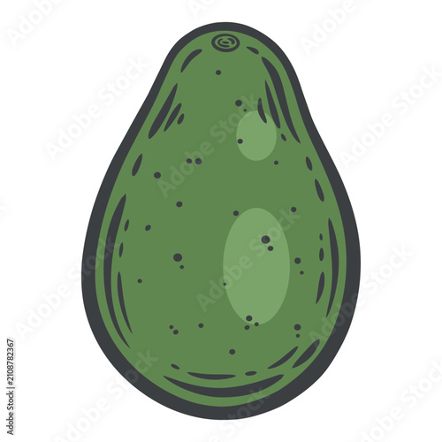 Whole green avocado with dark speckled skin and small stem tip, isolated colourful ingredient for vegan cafe menu, hand-drawn vector illustration, line art contour for grocery label or food packaging