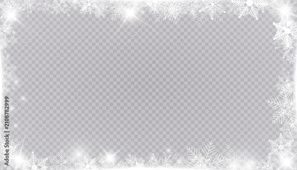Fototapeta premium Frosted Window Frame: A delicate border of frost and snowflakes adorns the edges of a transparent rectangle, evoking a winter wonderland atmosphere.