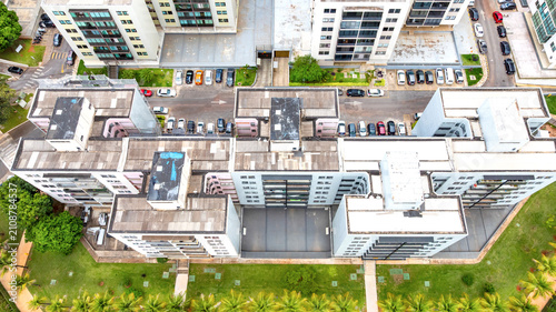 Aerial view of the Octogonal Sector neighborhood, notable for its octagonal-shaped residential buildings, planned green spaces and recreational areas, and proximity to City Park. Brasília, Brazil 2025
