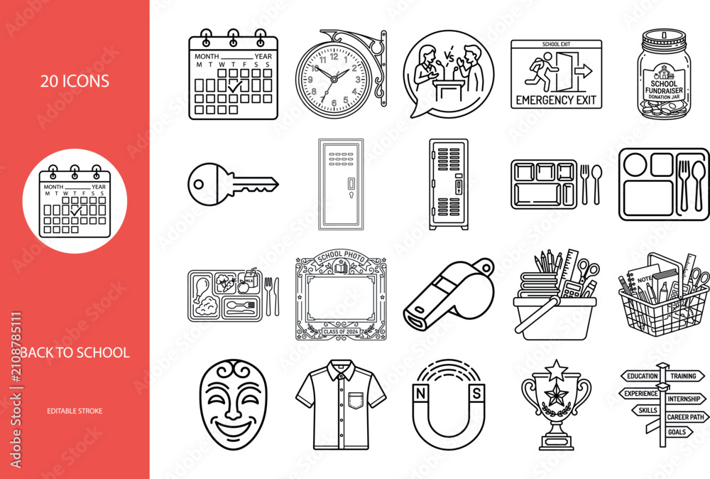 Fototapeta premium Back to School Education Icons Set with Calendar Lockers Lunch Tray and School Supplies