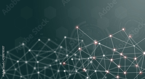 Technology background concept, Abstract connected line dots network on bright polygon blurred background.