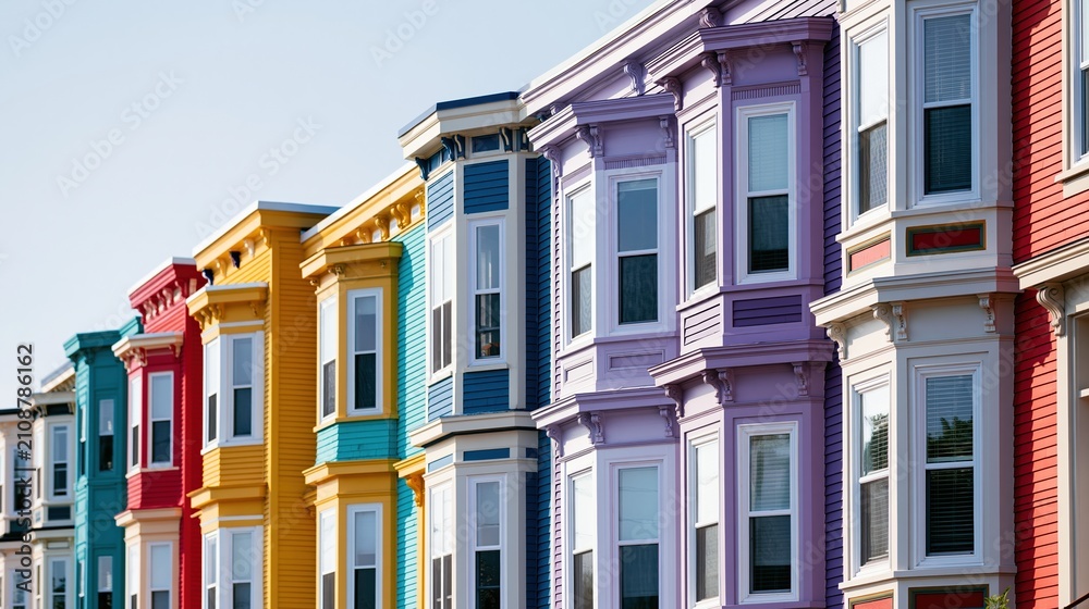 Obraz premium Row of colorful historic row houses with bay windows under a clear blue sky