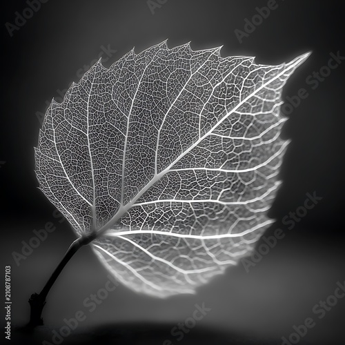 Ethereal white leaf skeleton with intricate vein structure on a dark moody background