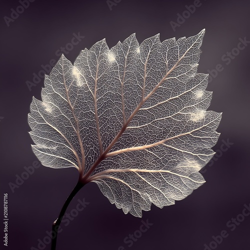 Translucent leaf skeleton with detailed vein pattern isolated on a dark purple background