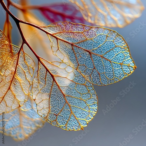 Iridescent translucent leaf skeletons on a branch with gold and blue metallic tones