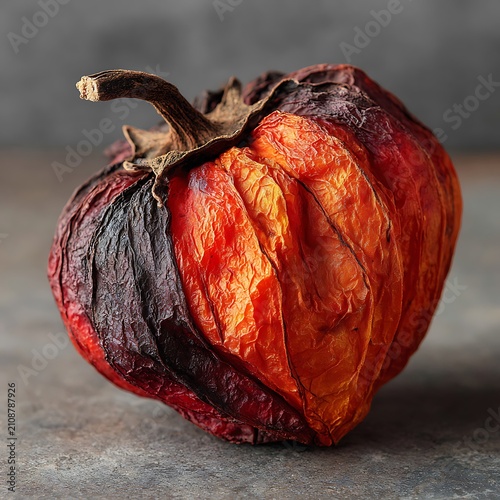 Decaying Red and Purple Fruit with Deep Wrinkles on Grey Stone Surface