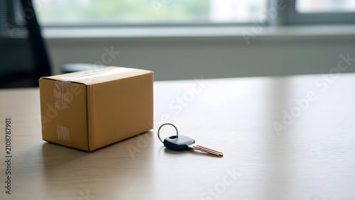 Small sealed moving carton beside a separate plain key ring for financial services, fintech and small-business campaign