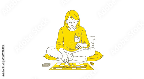 Obraz na plátně Young woman playing board game sitting on cushion