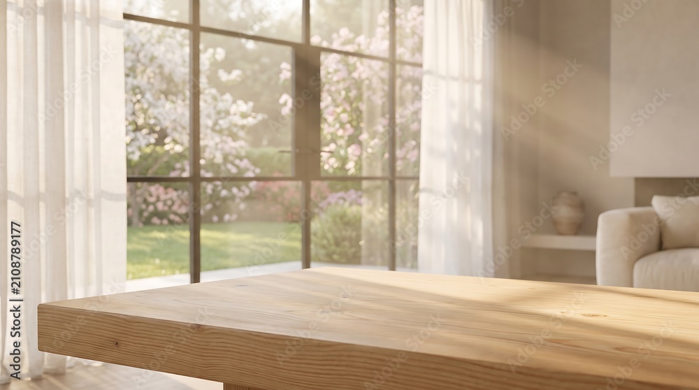 Fototapeta premium Empty Wooden Table Top Surface in Bright Sunny Living Room Interior with Garden View Background for Product Placement AI