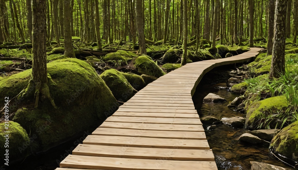 Fototapeta premium Forest trail raised plank walkway copy space