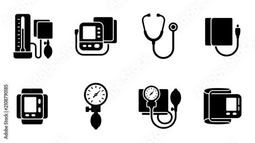 Bild auf Leinwand Medical Icons: Blood Pressure Monitors, Stethoscopes, and Health Devices, Vector