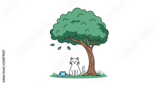 Fotografía White Cat Sitting Under Tree.
