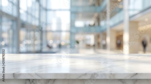 White Marble Table Top on Blurred Modern Office Lobby Interior Background for Product Display Presentation Mockup Style.