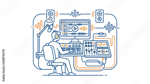 Tableau sur toile Music Producer Working on Soundboard Console.