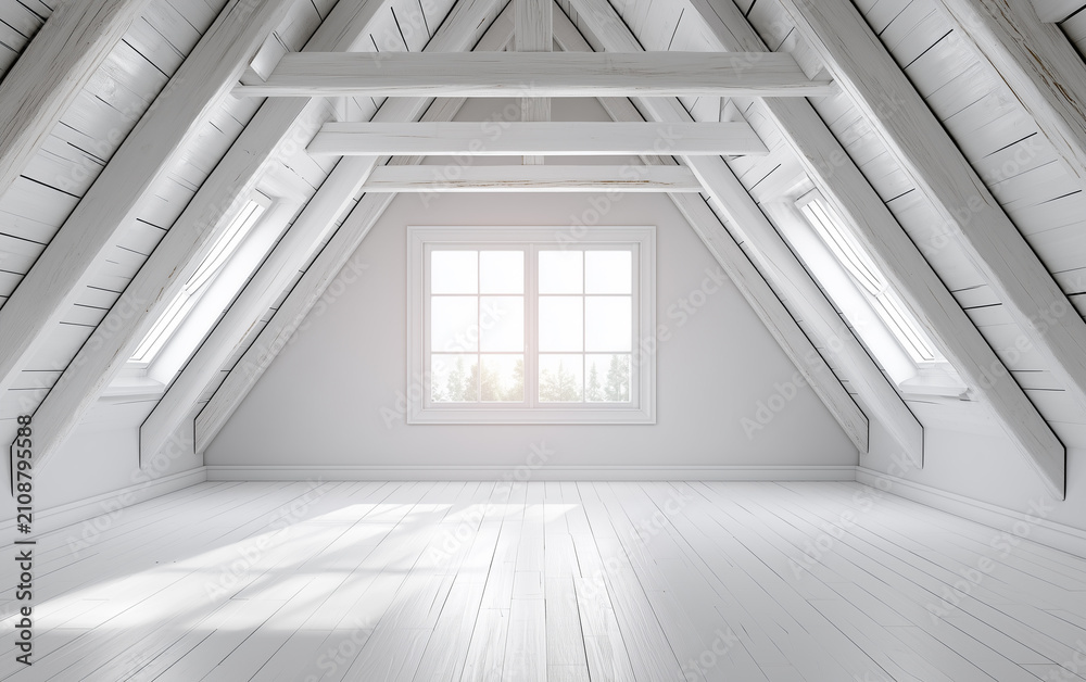 Obraz premium Bright and Airy White Attic Room with Sloped Ceiling, Skylights, and Large Window