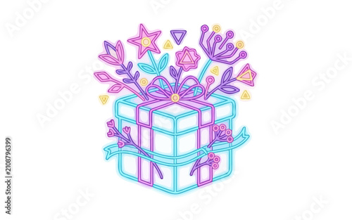 Gift Box with Neon Flowers and Ribbons Illustration