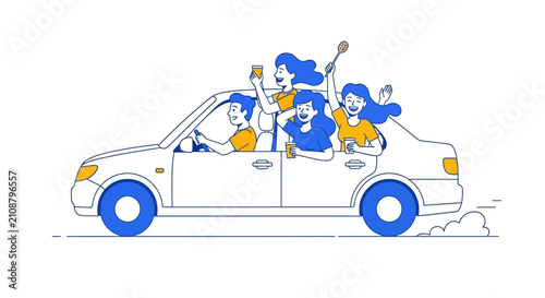 Foto Smiling blue cartoon characters in car.